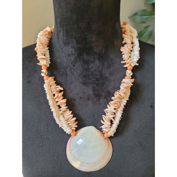 Women's Natural Shell Pendant Necklace With White And Peach Heishi Shell Beads - Picture 1 of 7